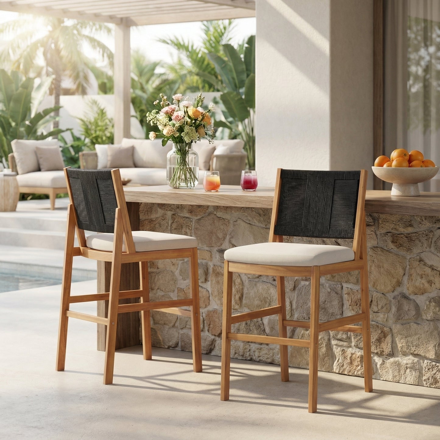 Acacia Wood Outdoor Bar Stools (Set of 2)