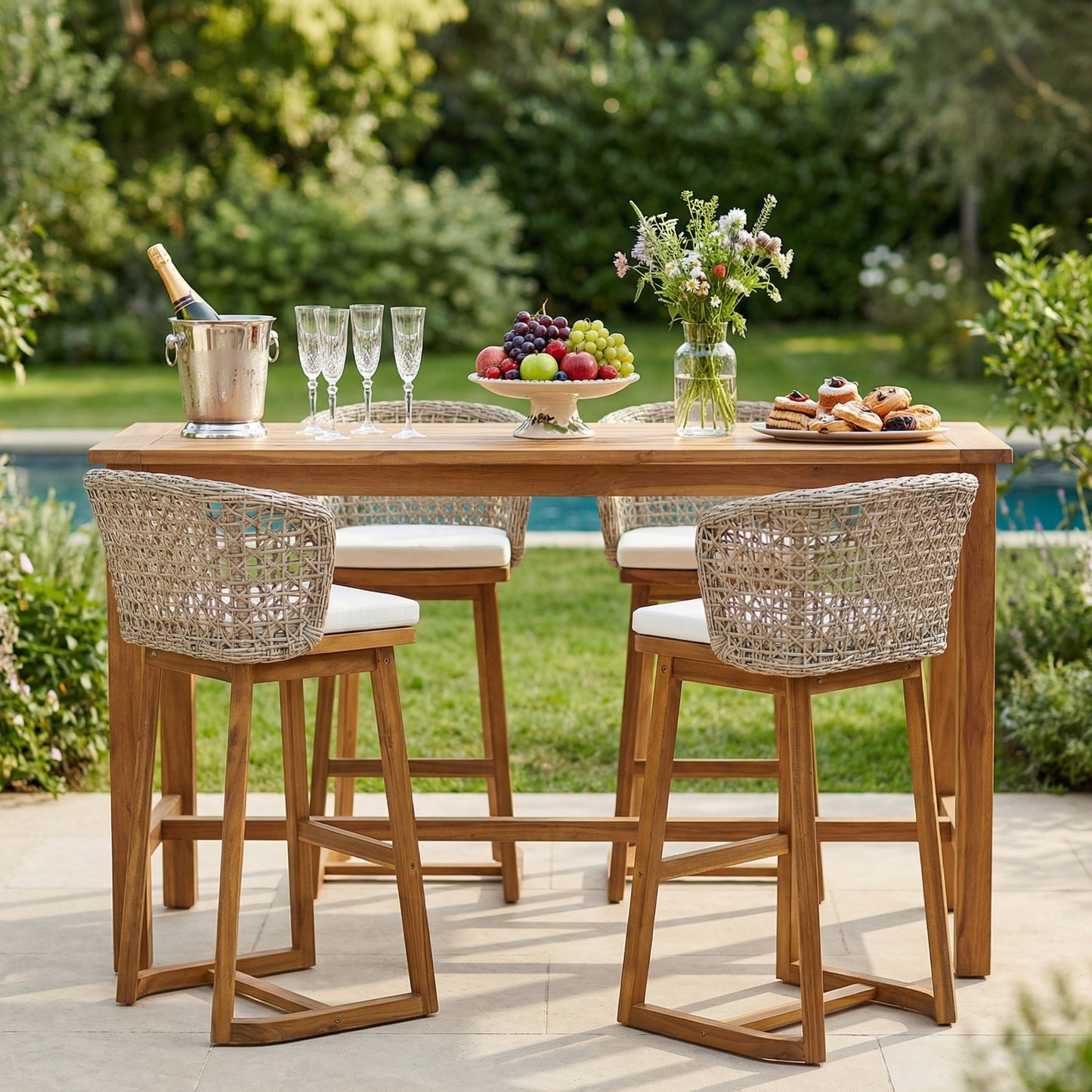 Acacia Wood Bar Stools with Cushions (Set of 4)